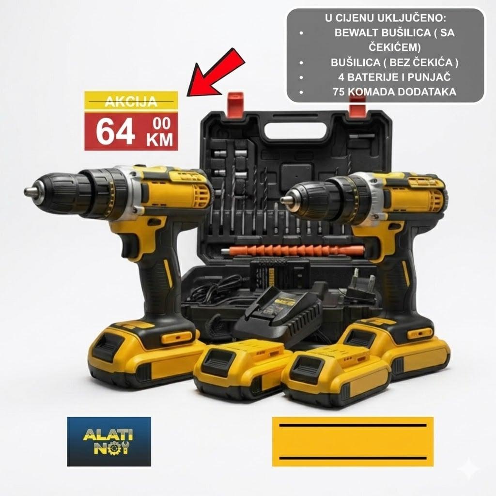 Udarna čekić bušilica – SET 2 KOMADA + 75 dodataka + 4 baterije