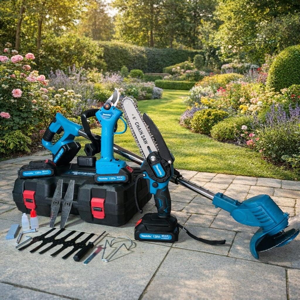 GARDEN SET 3u1 – Aku Makaze + Aku Motorka + Aku Trimer (4 Baterije + 2 Punjača)