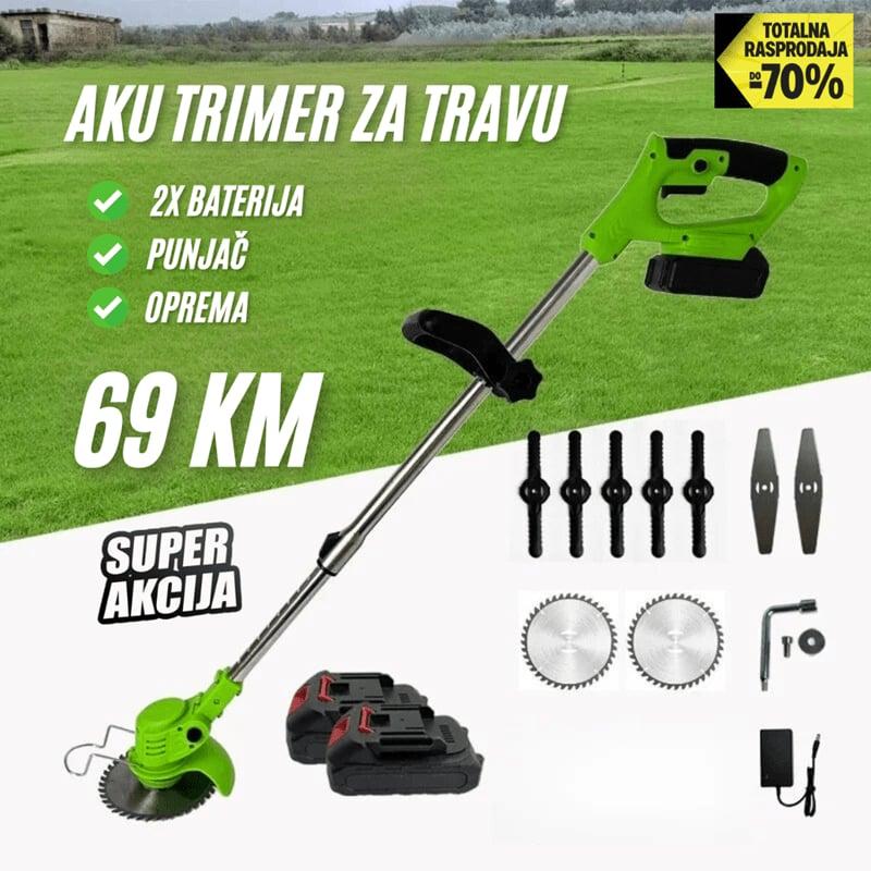 Aku trimer za travu / 2x baterija + Punjač + Oprema / Aku kosilica