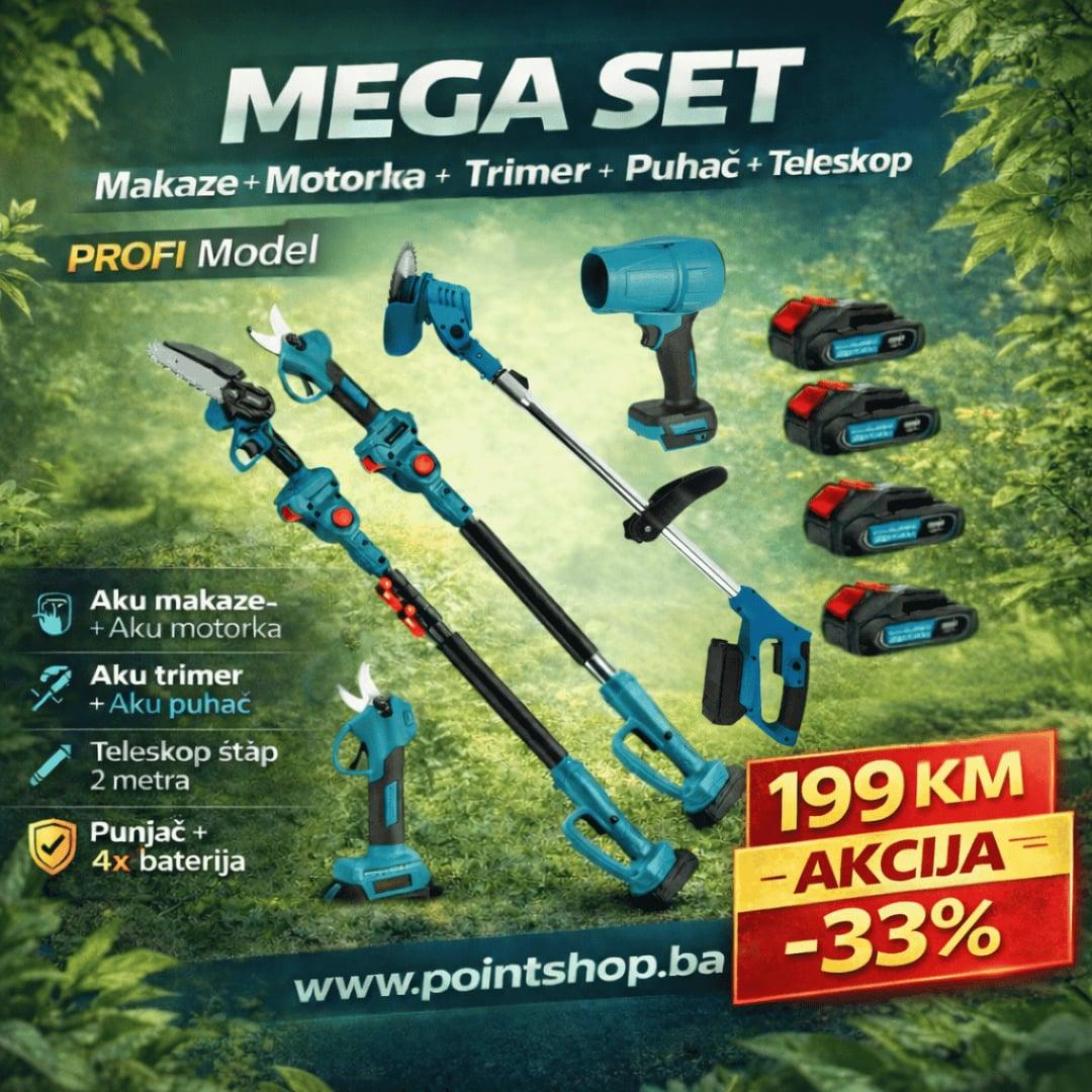 MEGA SET 5u1 / Aku trimer – Aku motorka – Aku puhač – Aku makaze – Teleskop štap
