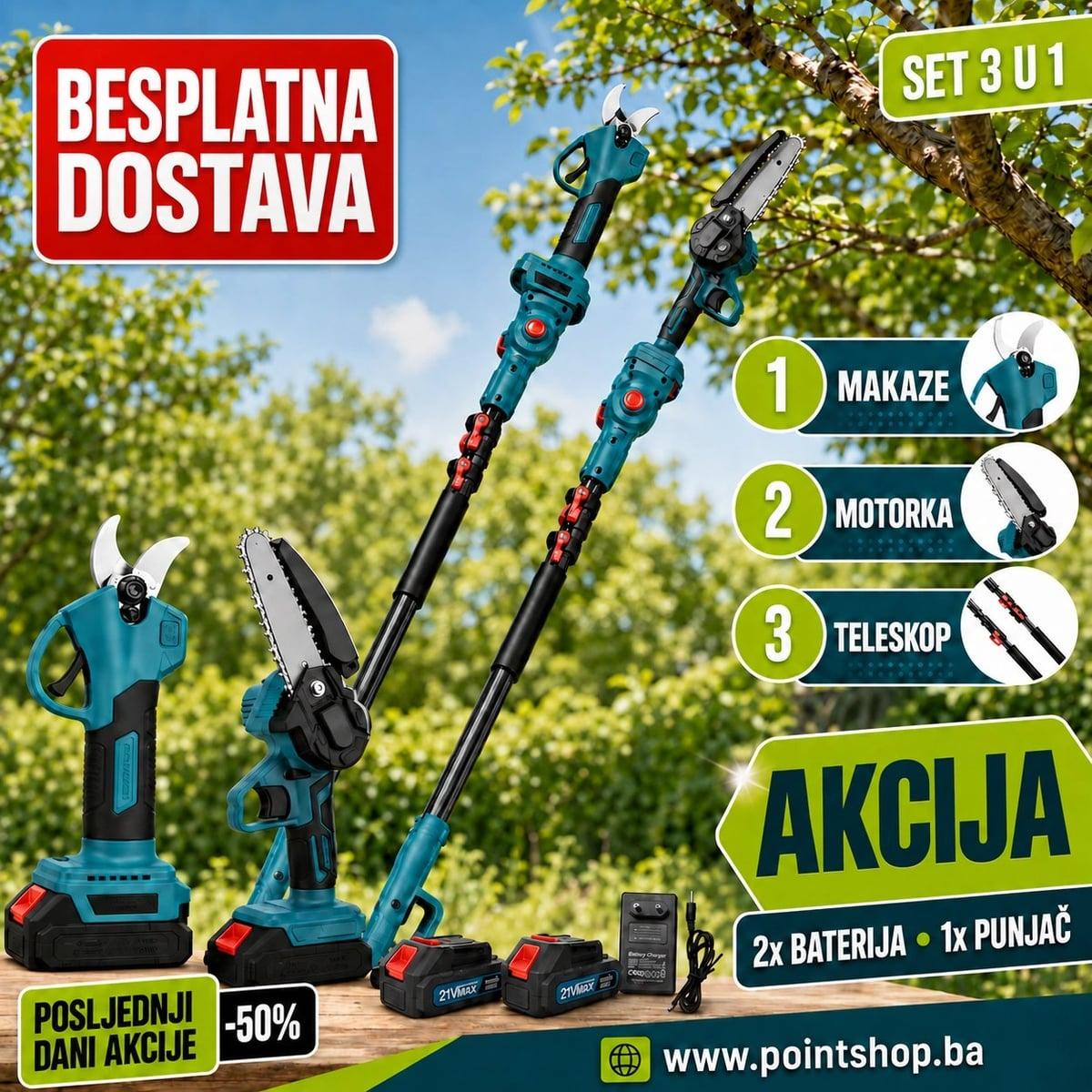 MEGA SET / Aku makaze + Aku motorka + Teleskop štap 2met